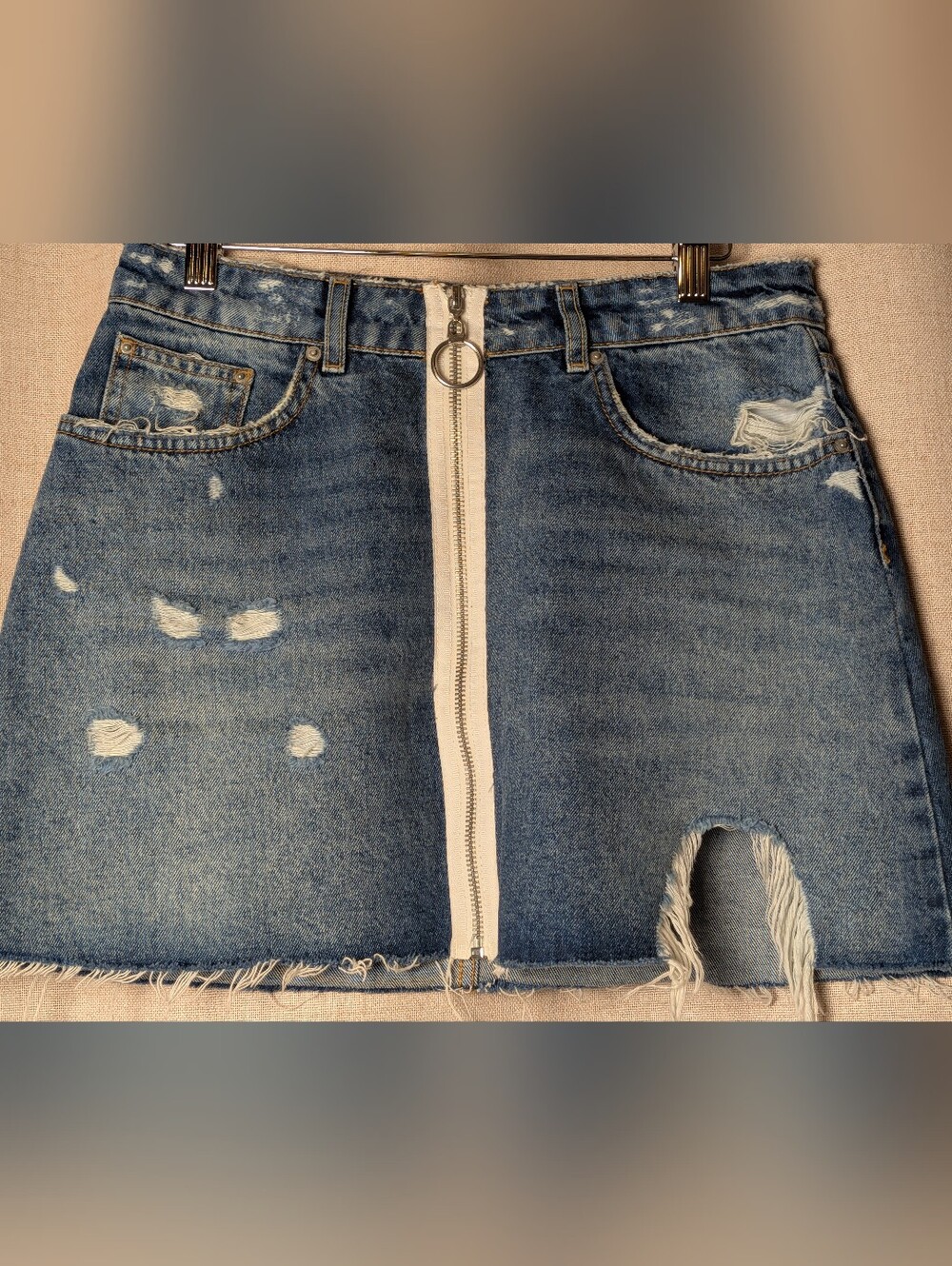Zara Distressed Denim Mini Skirt Exposed Zip Y2K Grunge Size XS
